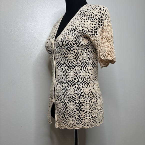 Vintage F.A.I. Crochet Cardigan Women’s L 100% Cotton Open Knit Boho Cream - Picture 4 of 16